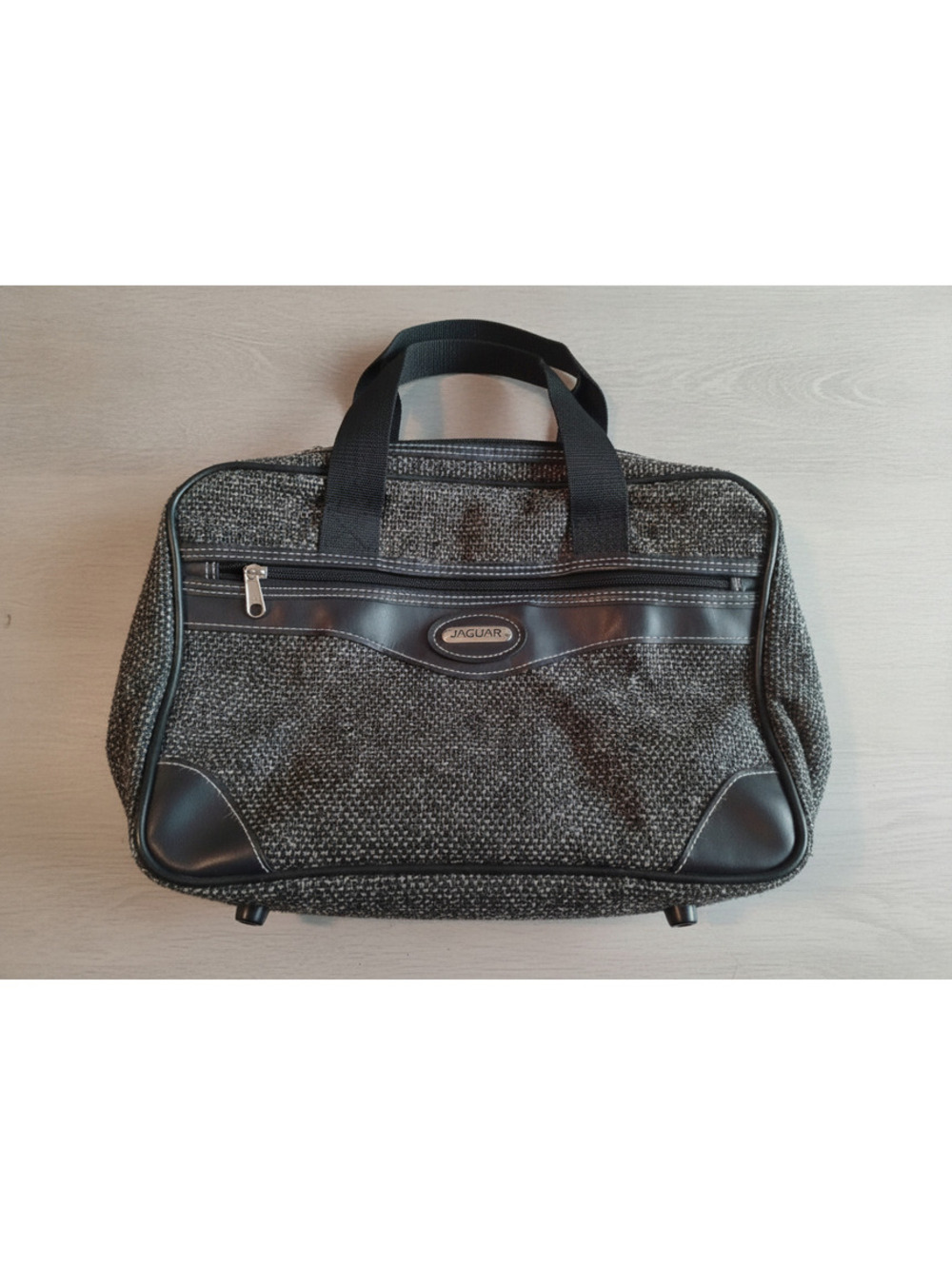 Vintage Jaguar Black & Grey Tweed Textured Satchel Handbag Faux Leather